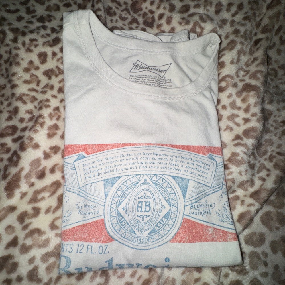 Budweiser White Tee with Red and Blue Label Graphic